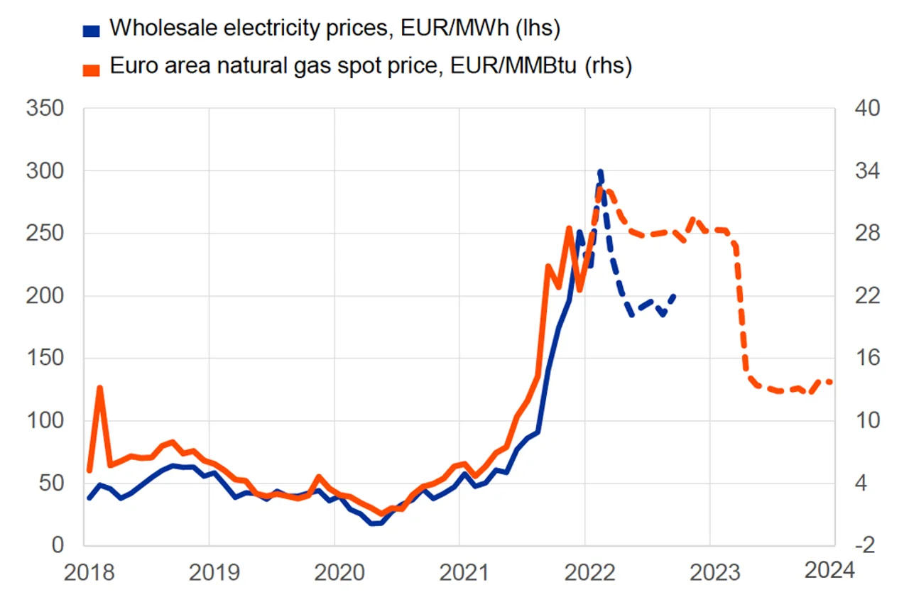 Figure 1: Wholesale and future prices for electricity and natural gas in the euro area