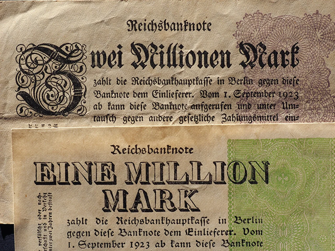 One and two million mark banknotes from the Weimar Republic, Germany in 1923
