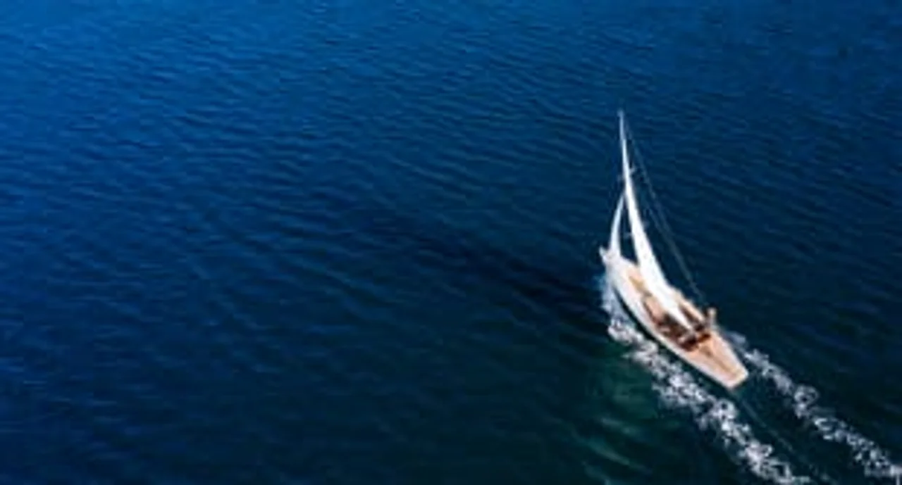Classic sail boat in Mediterranean sea, aerial view