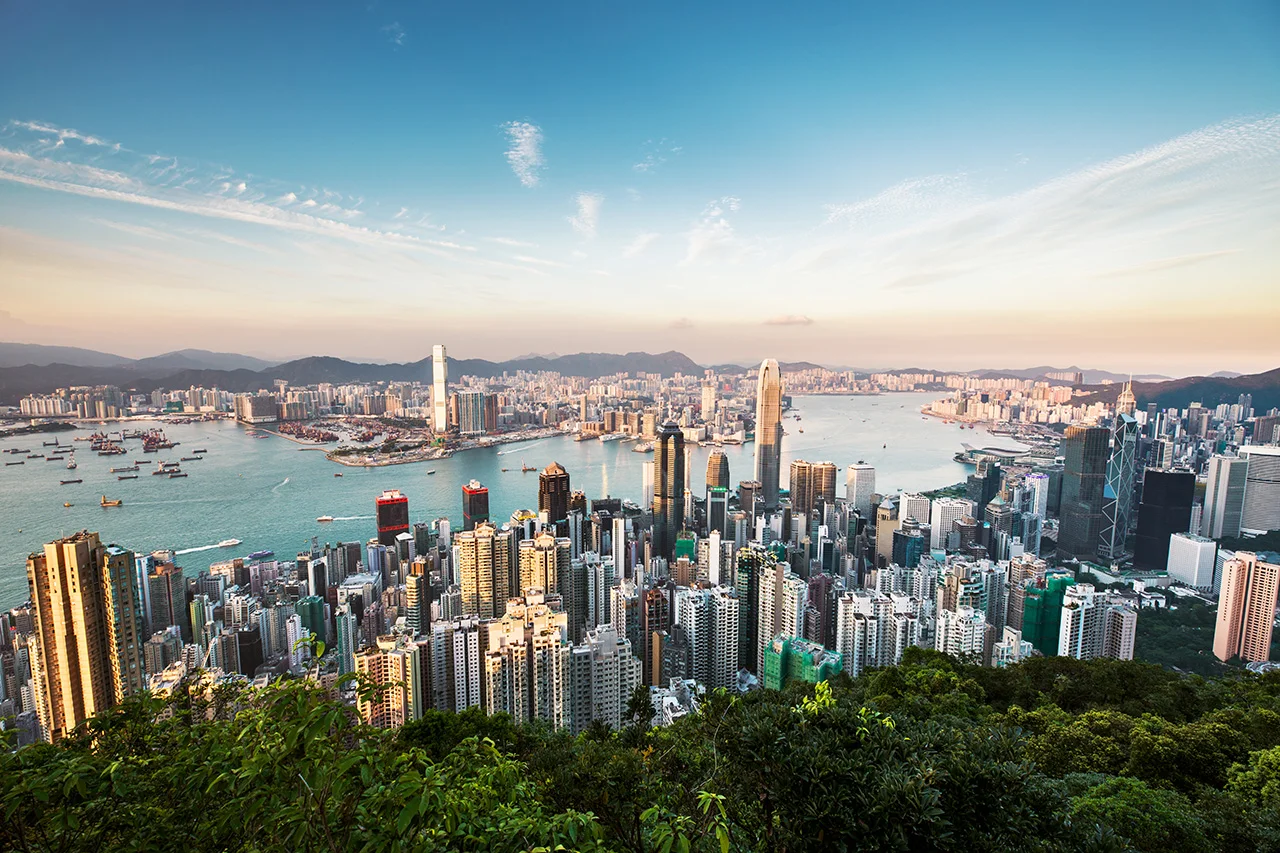 Victoria harbour of Hong Kong at sunset