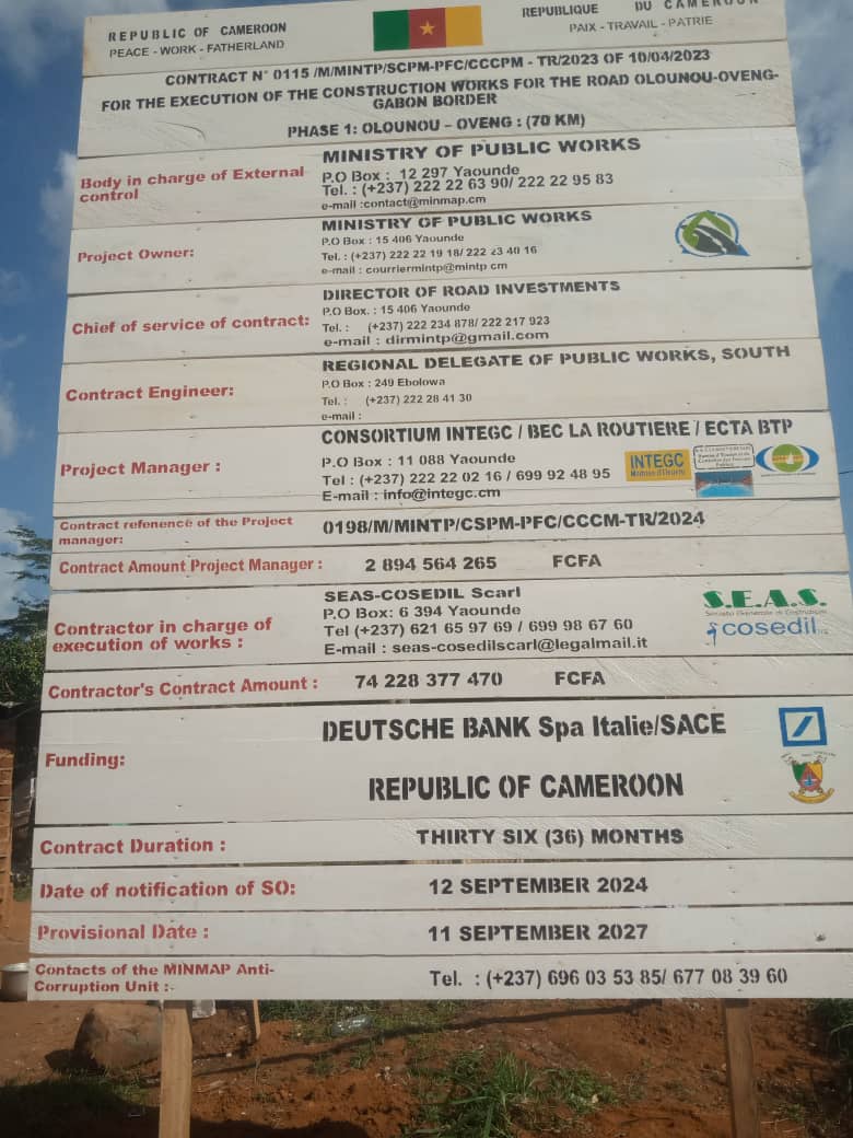 Cameroon information board highlighting funding from Deutsche Bank