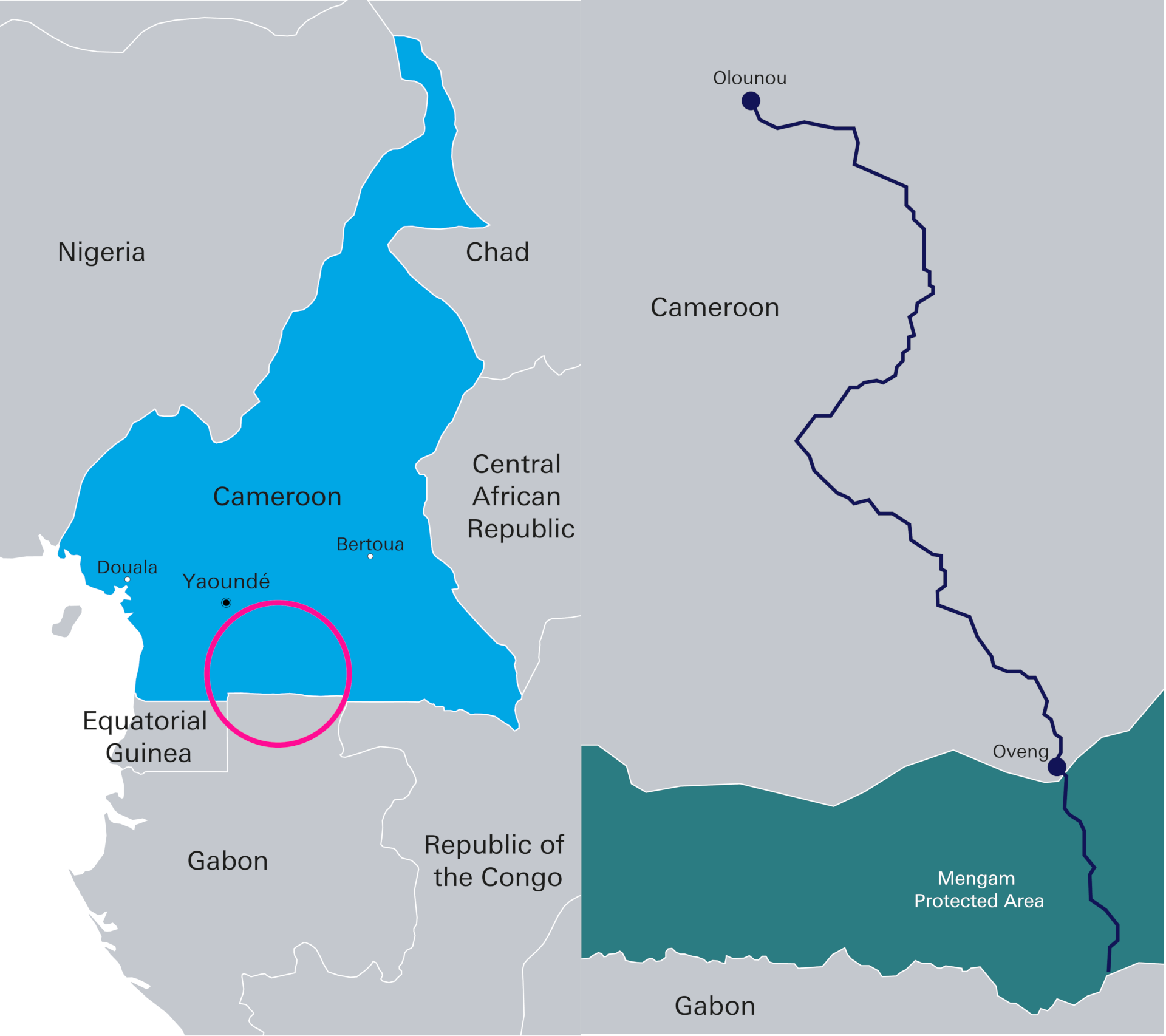 Combined images of a highlighted Cameroon and trail from Oveng to Olounou