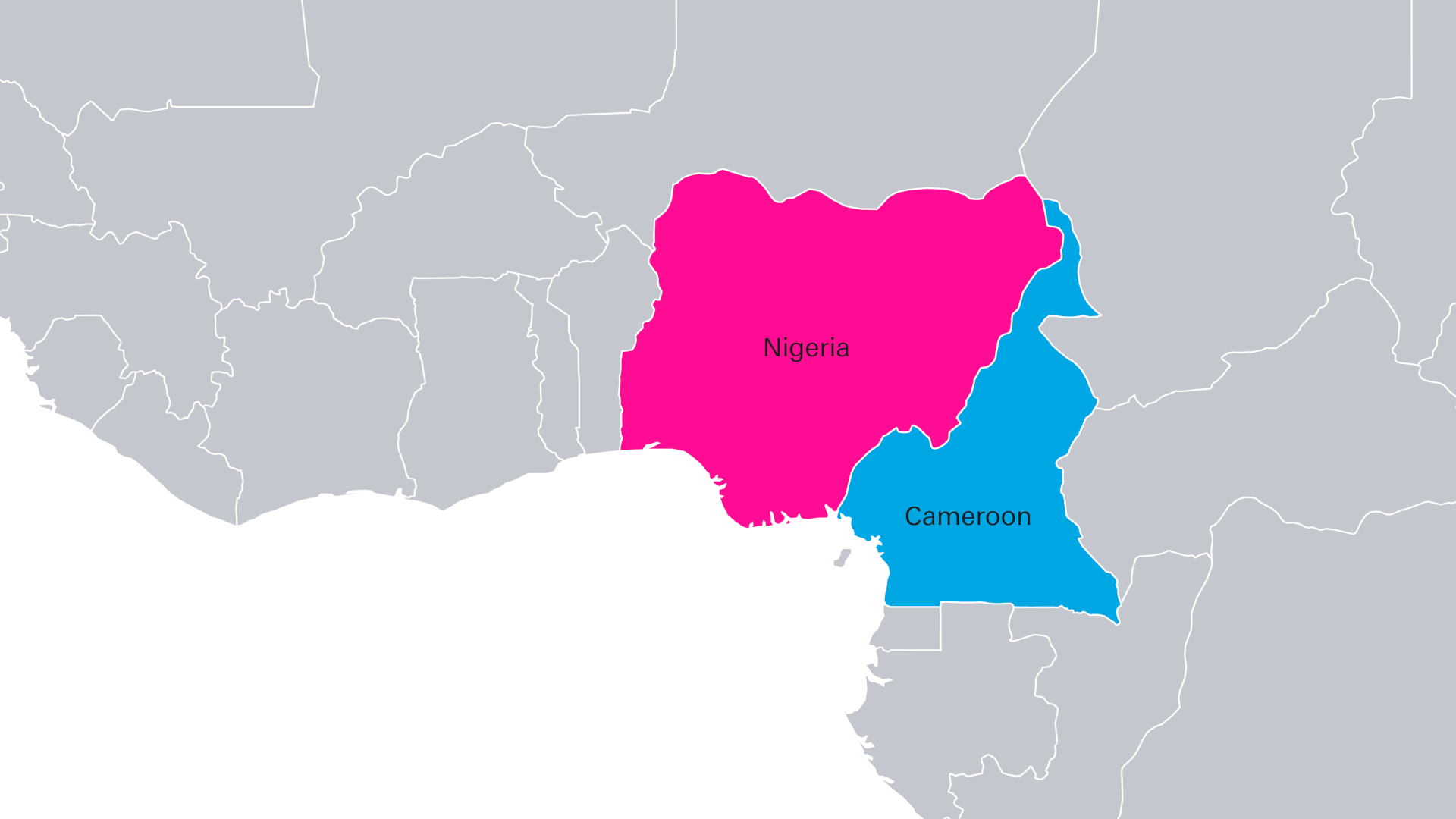West Africa map highlighting Nigeria in pink and Cameroon in blue