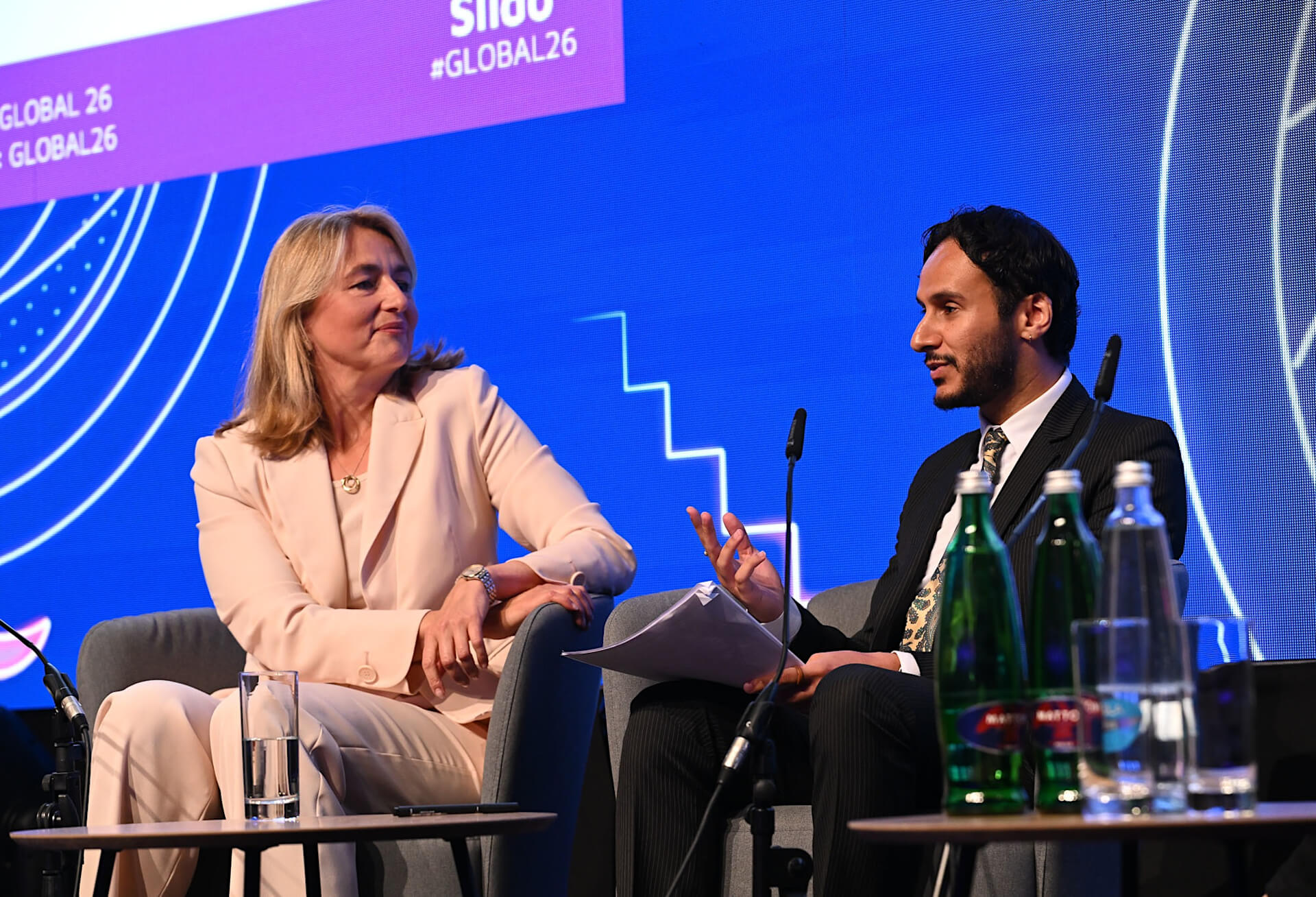Euler Hermes’ Edna Schöne and TXF’s Hesham Zakai discussing at SIBOS 2026